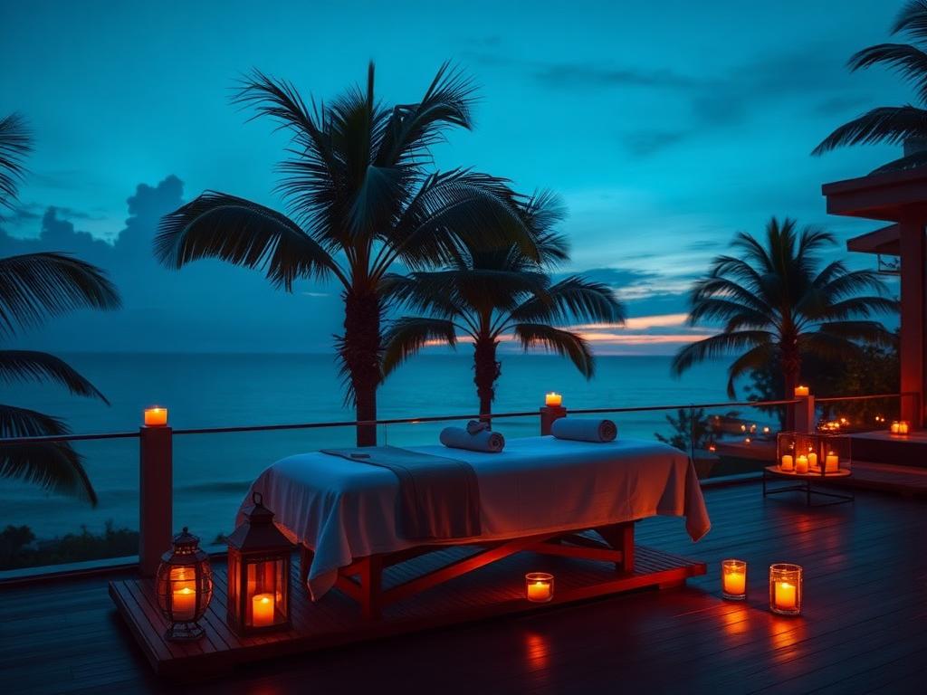 Massage setup with lanterns on a villa terrace by the ocean at dusk